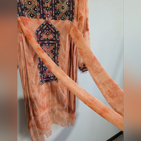 Free People Market Place Beaded Orange Sorbet Waist Tie Maxi Top XS Coral - Picture 10 of 16